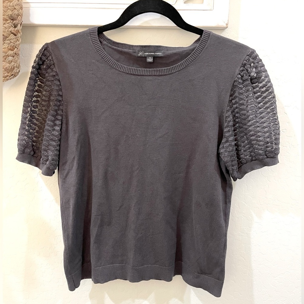 Adrianna Papell short sleeve grey sweater with sheer sleeves size small